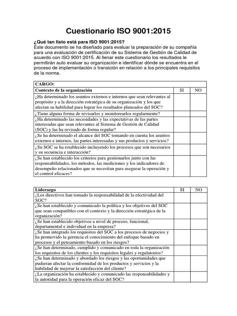Cuestionario ISO 9001 | PDF | Calidad (comercial) | Business