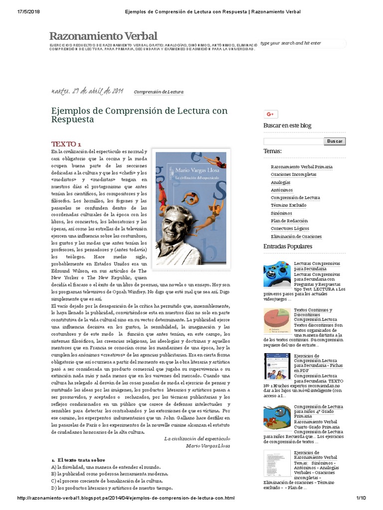 Ejemplos de Comprensión de Lectura Con Respuesta