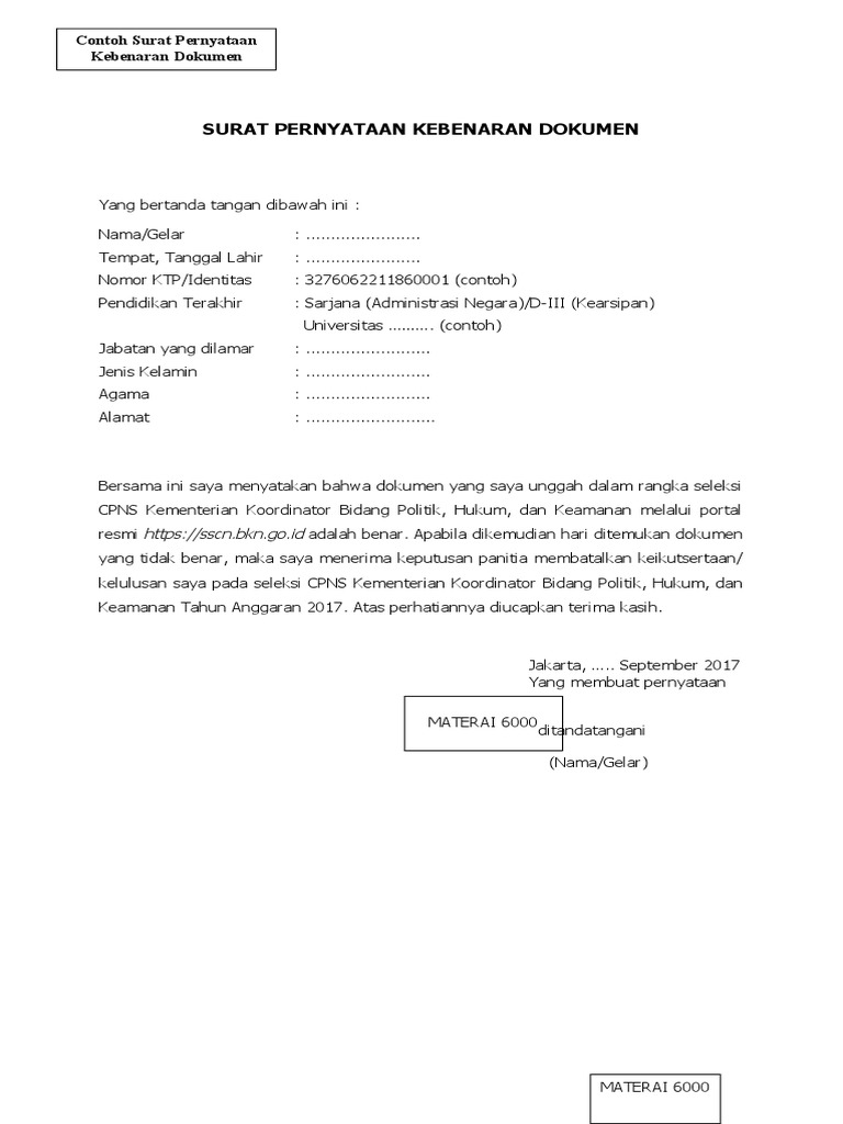 Surat Pernyataan Kebenaran Dokumen Cpns Kemenko Polhukam Unggah Portal Ok