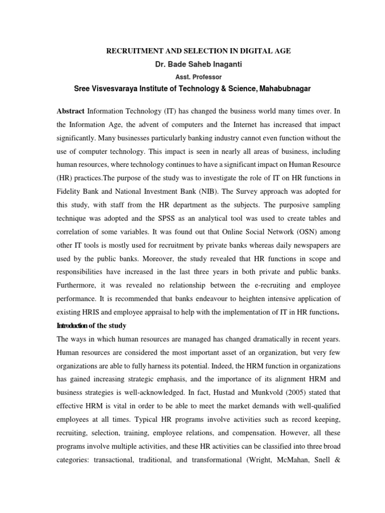 Recruitment And Selection In Digital Age Pdf Recruitment Human