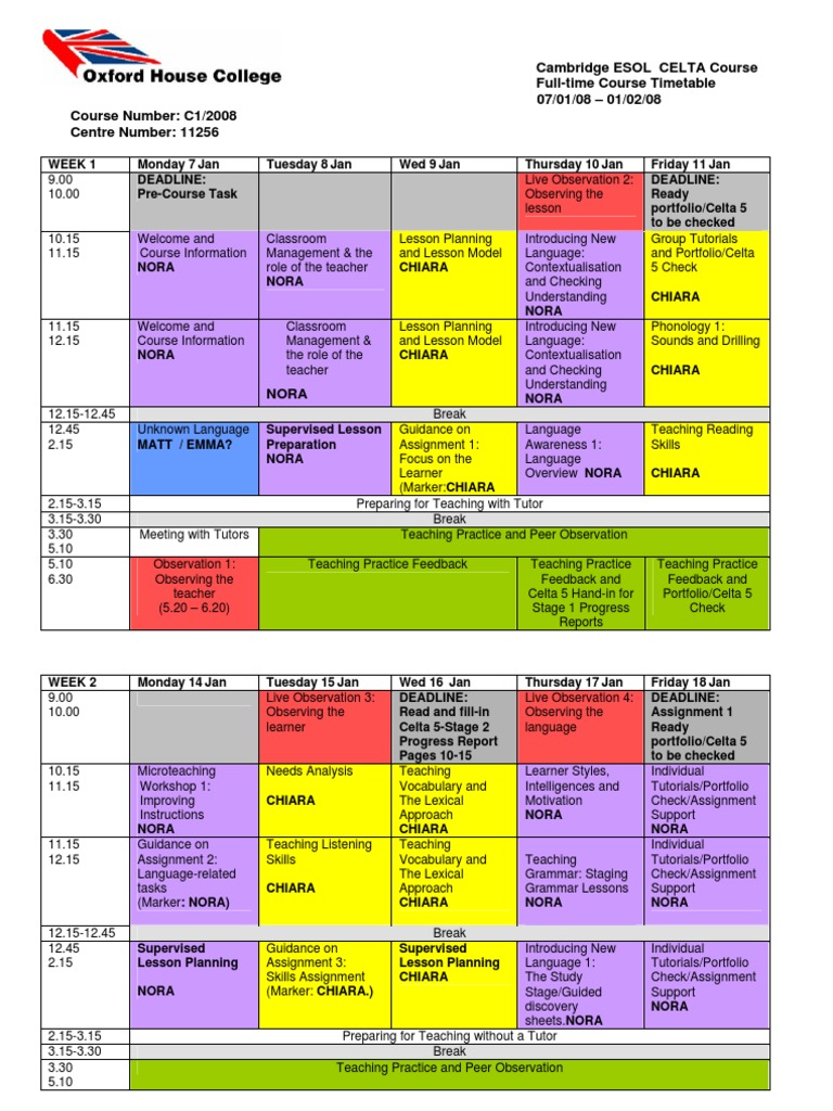 CELTA Course Full-Time Timetable | PDF | English As A Second Or Foreign ...