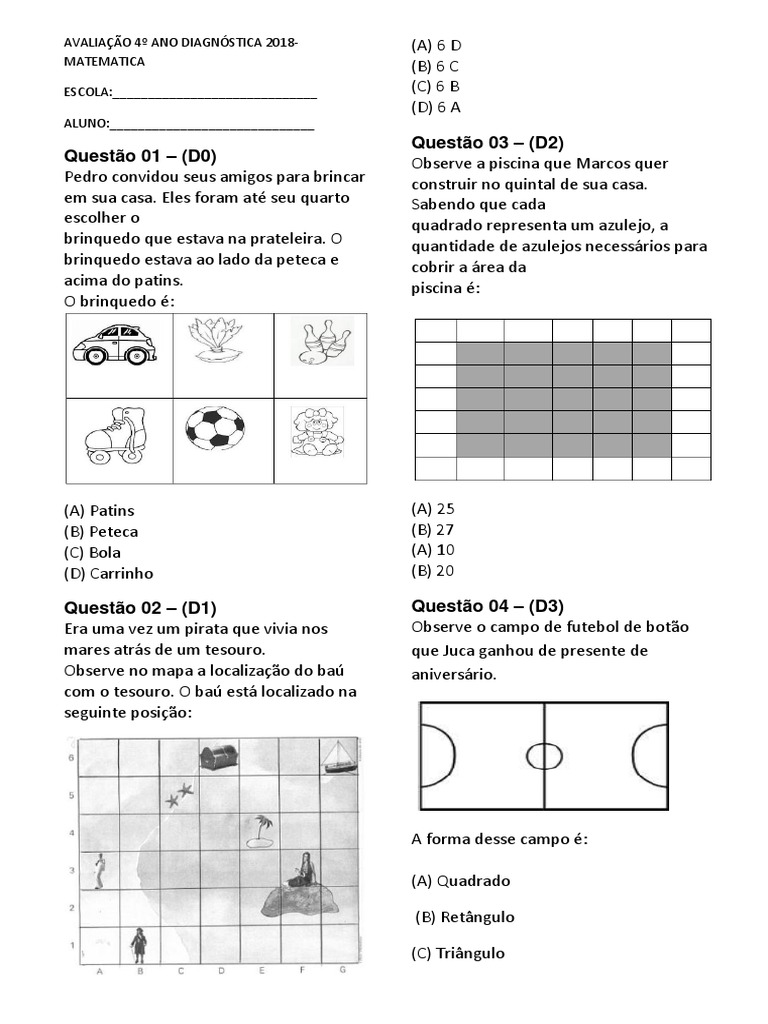 Avaliação Diagnóstica de Matemática 4 Ano, PDF, Lazer