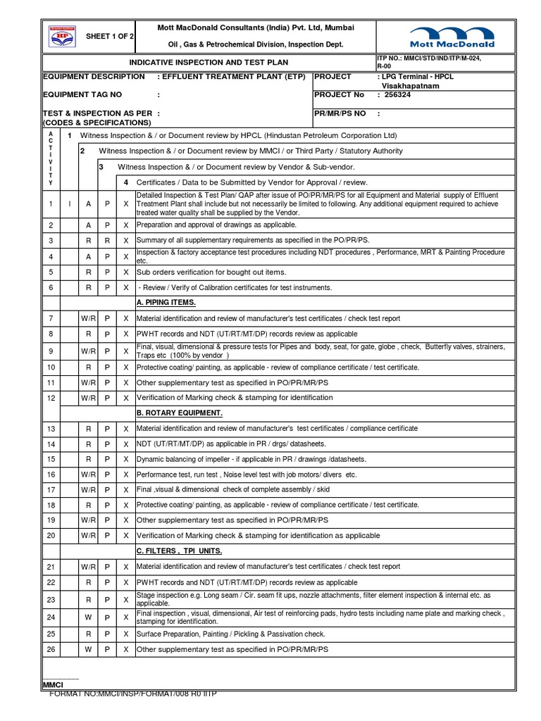 ETP Inspection and Test Plan Overview | PDF | Verification And ...