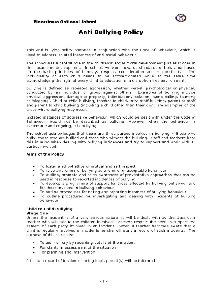 Vicarstown National School Anti-Bullying Policy | PDF | Bullying ...