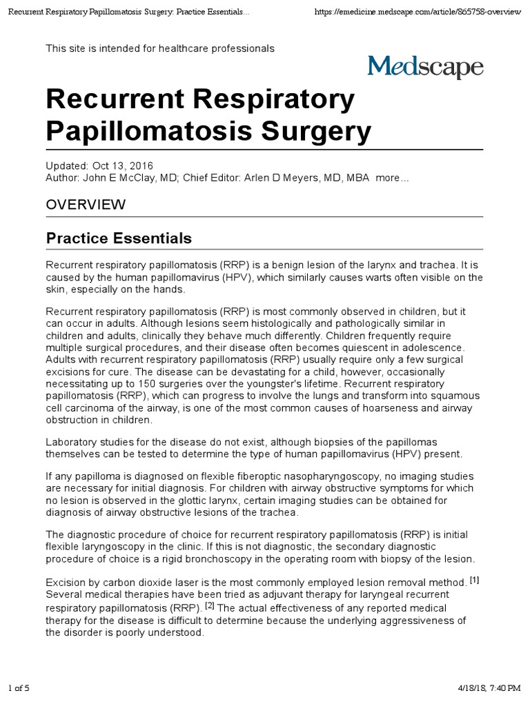 Recurrent Respiratory Papillomatosis Surgery: Practice Essentials ...