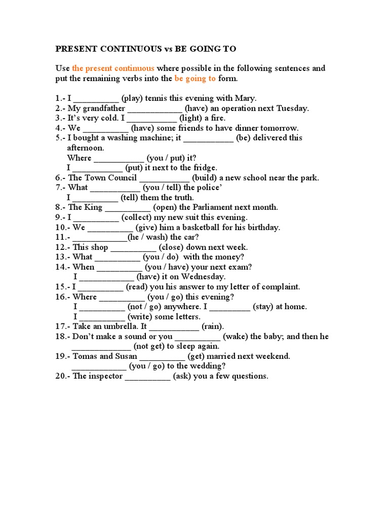 Present Continuous vs Be Going To Exercises | PDF