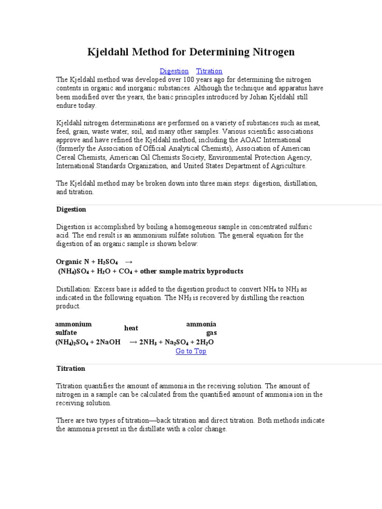 Kjeldahl Method for Determining Nitrogen Ammonium Ammonia