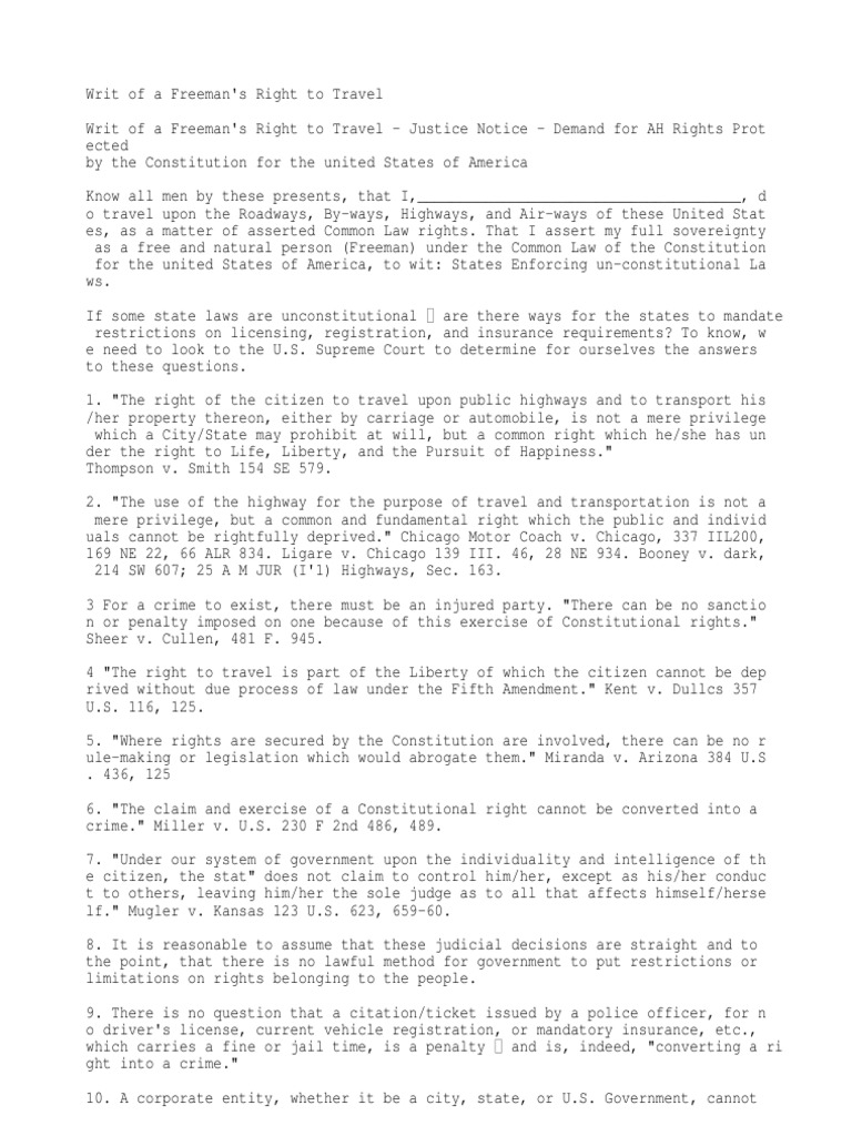 Freeman's Right to Travel Writ | PDF | Freedom Of Movement | United ...