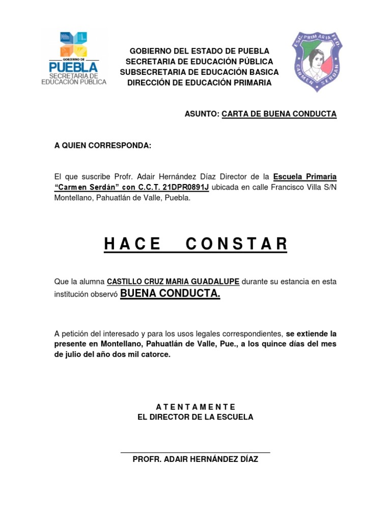 Carta de Buena Conducta  Modificación de comportamiento  Educación