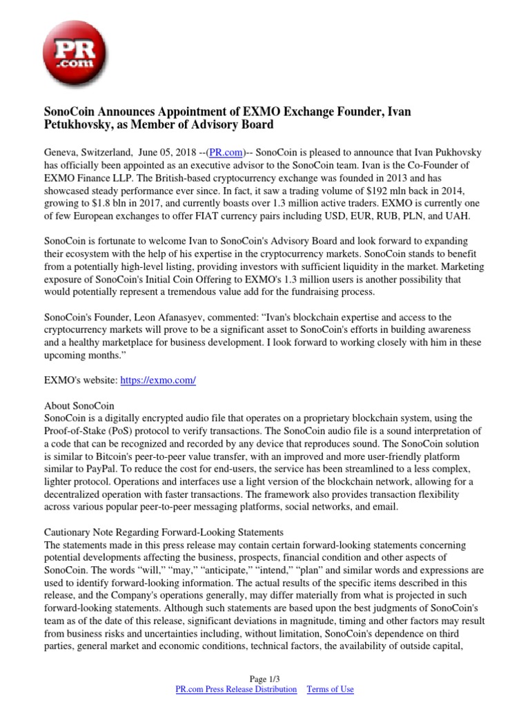 SonoCoin Announces Appointment of EXMO Exchange Founder, Ivan Petukhovsky,  As Member of Advisory Board | PDF | Computing | Business