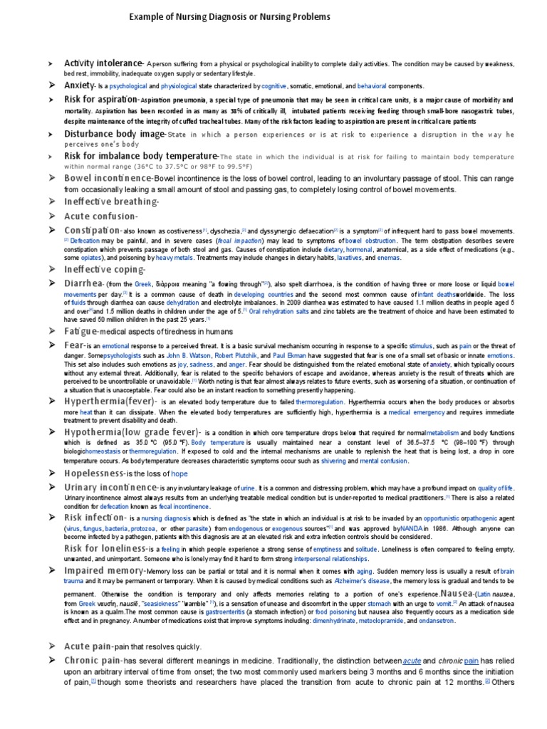 Nursing Diagnoses and Related Conditions | PDF | Anatomy | Constipation