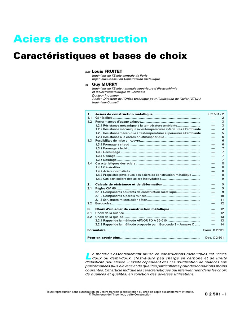 Aciers de Construction Caractéristiques Et Bases de Choix PDF — free download