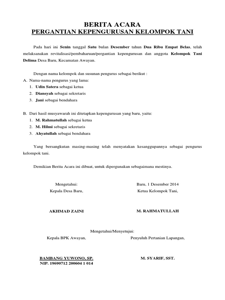 Berita Acara Pergantian Pengurus Poktan