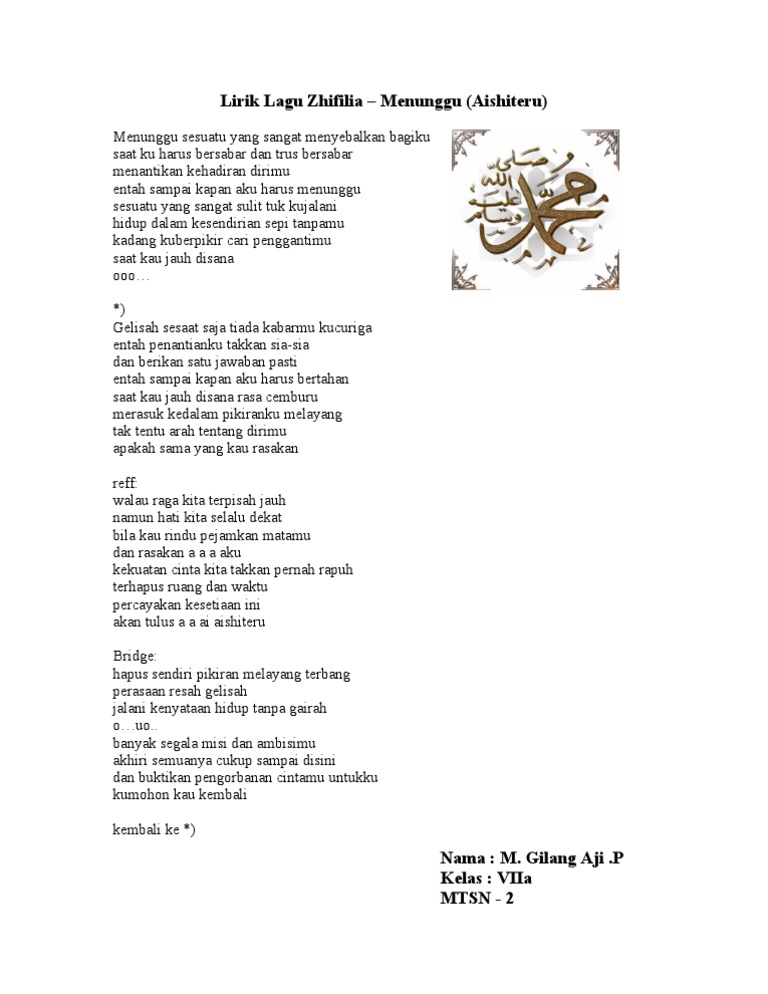 Lirik Lagu Zhifilia Menunggu Aishiteru