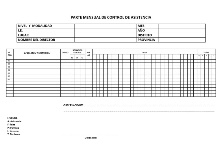 Parte Mensual de Control de Asistencia PDF