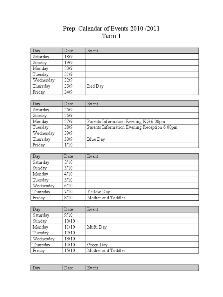 2010-2011 Prep Calendar of Events | PDF | Wellness