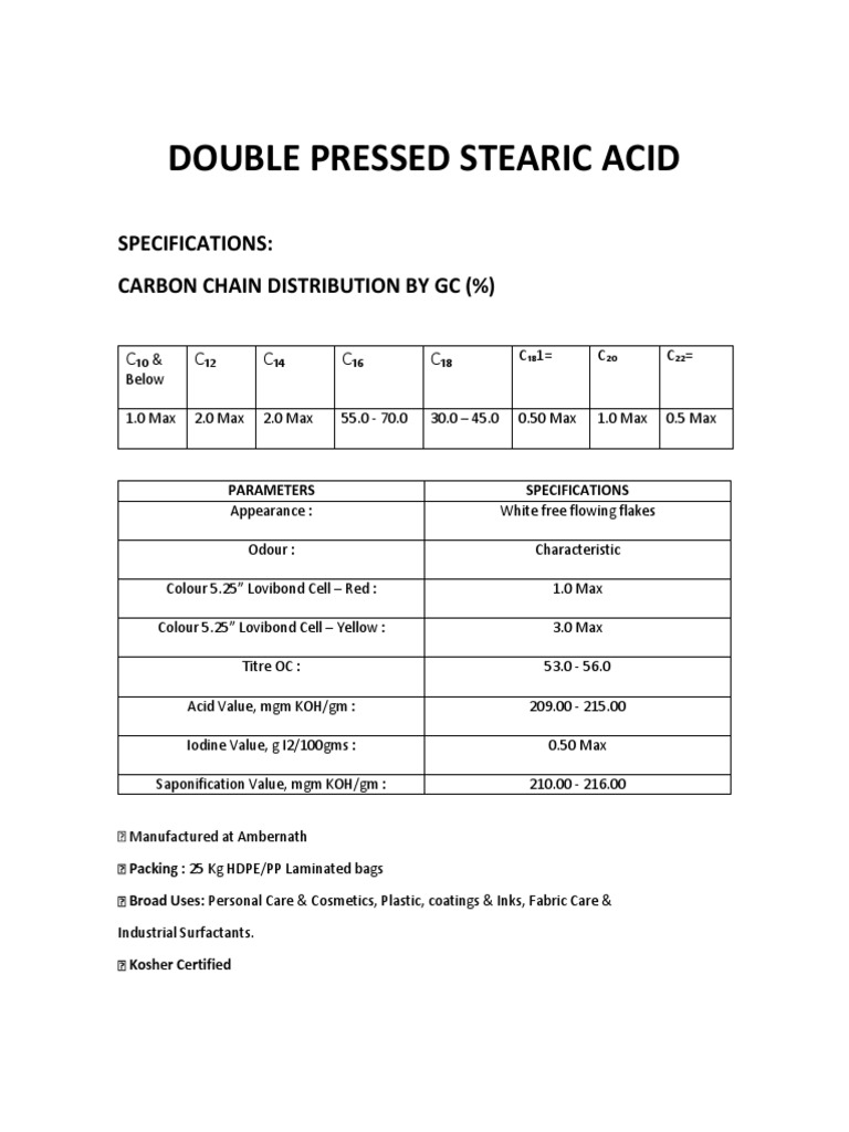 Double Pressed Stearic Acid: Specifications: Carbon Chain Distribution ...