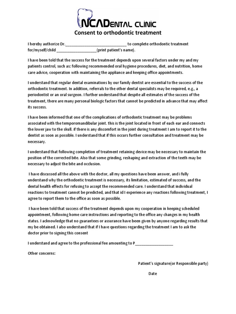 Consent To Orthodontic Treatment PDF Orthodontics Dentistry