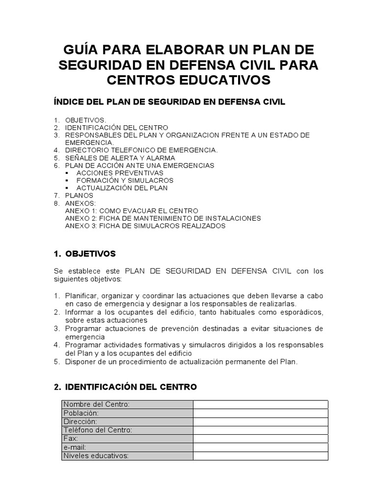 Plan de Seguridad para Centros Educativos | PDF | Defensa Civil ...