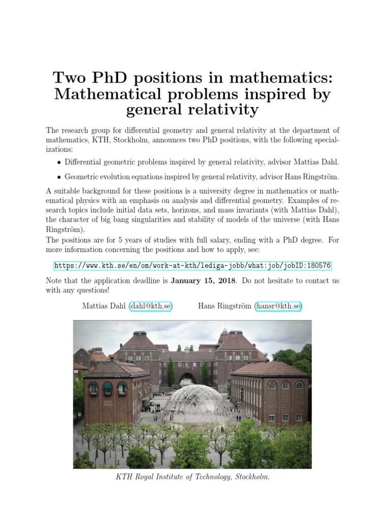 PhD Positions in Mathematics at KTH | PDF