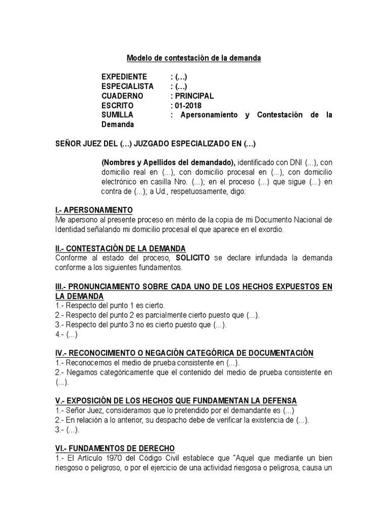 Modelo de Escrito de Contestacion de La Demanda Legis - Pe | PDF | Demanda  judicial | Evidencia (ley)