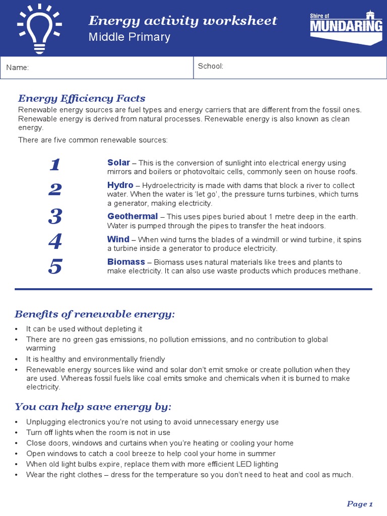 Energy Worksheet Renewable Energy Energy Development