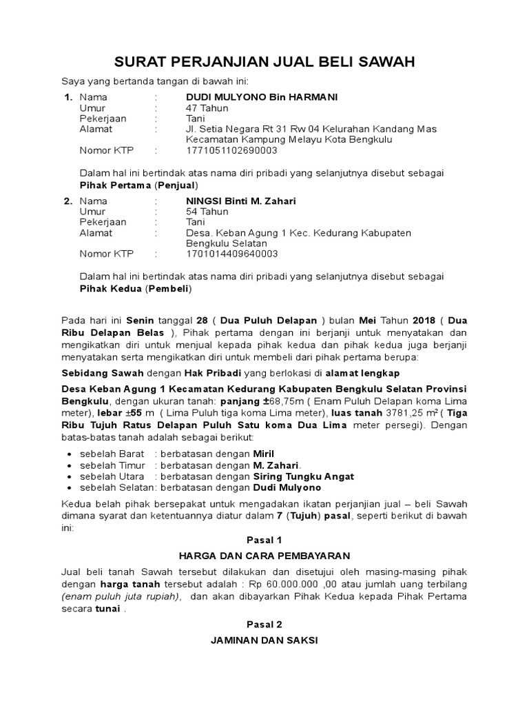 Contoh Surat Perjanjian Jual Beli Tanah Lamudi Namun ada beberapa jenis aset tanah yang dibuat dalam format berbeda Contohnya surat jual beli tanah sawah.