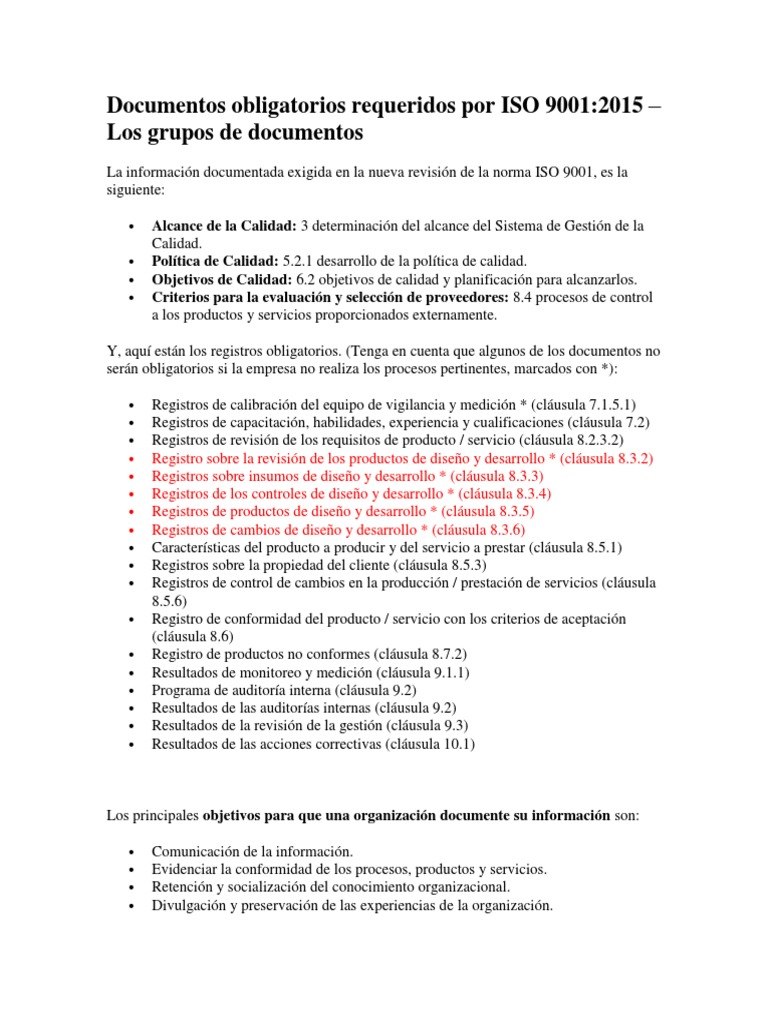 Documentos Obligatorios Requeridos Por ISO 9001 | PDF | Calidad ...