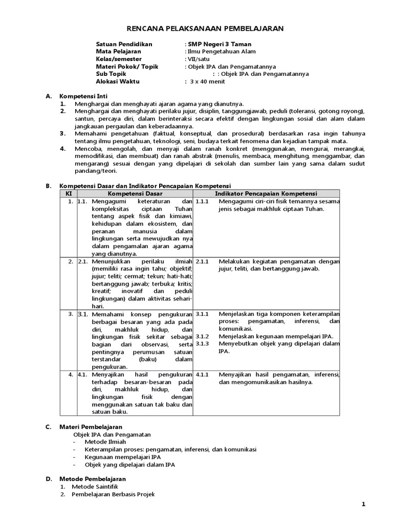 Rpp Ipa Kurikulum 13 Kelas 7 Sem Ganjil Pdf