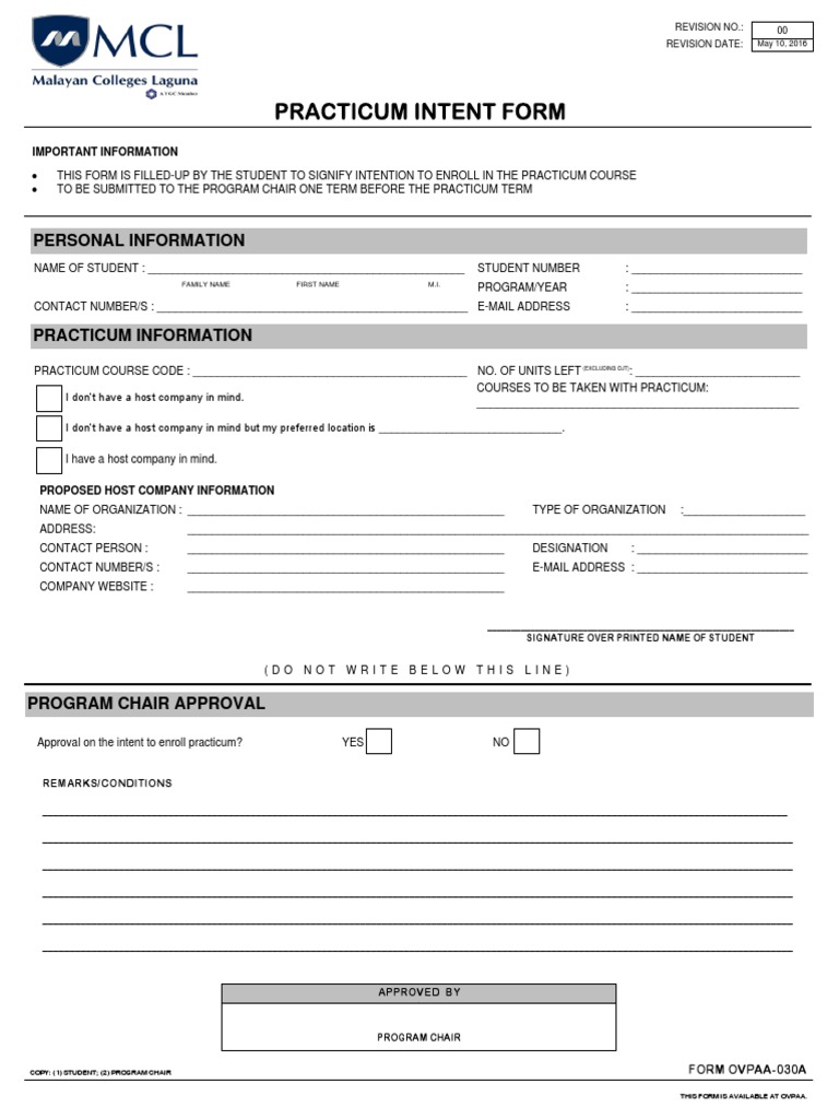 Form OVPAA 030A Practicum Intent | PDF | Finance & Money Management