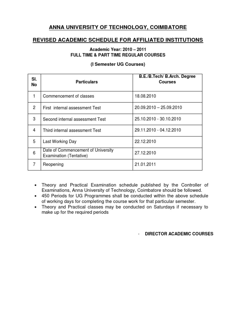 Anna University 2010-11 Academic Schedule | PDF | Test (Assessment ...
