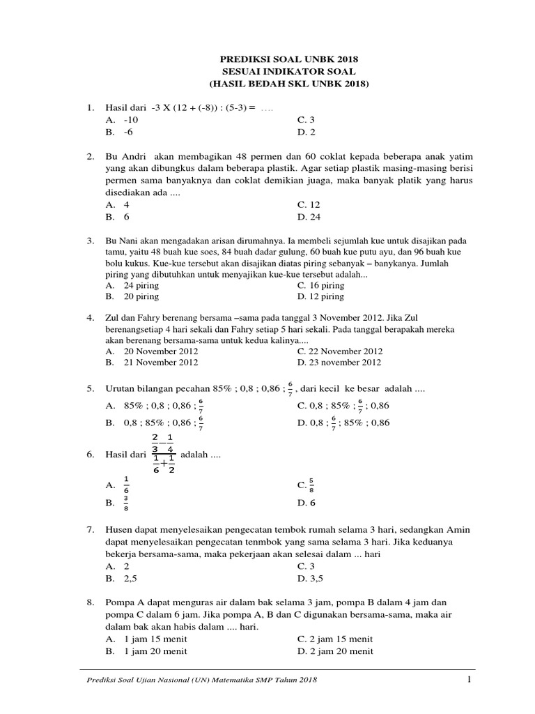 Prediksi Soal Un Matematika Kls 9 Smp 2018 Docx
