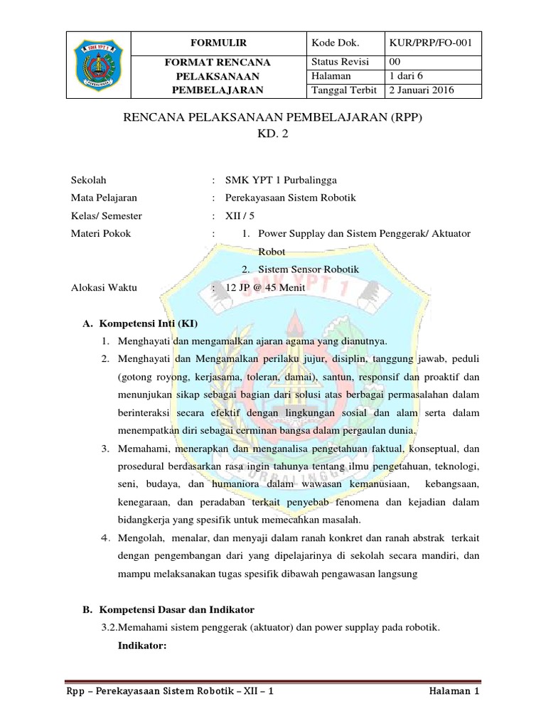 RPP - Perekayasaan Sistem Robotik - K13 - XII TE - KD.2 | PDF