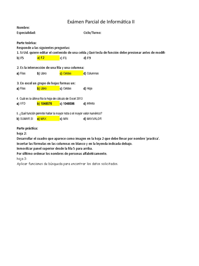 Examen Parcial de Excel Básico | PDF | Microsoft Excel | Hoja de cálculo