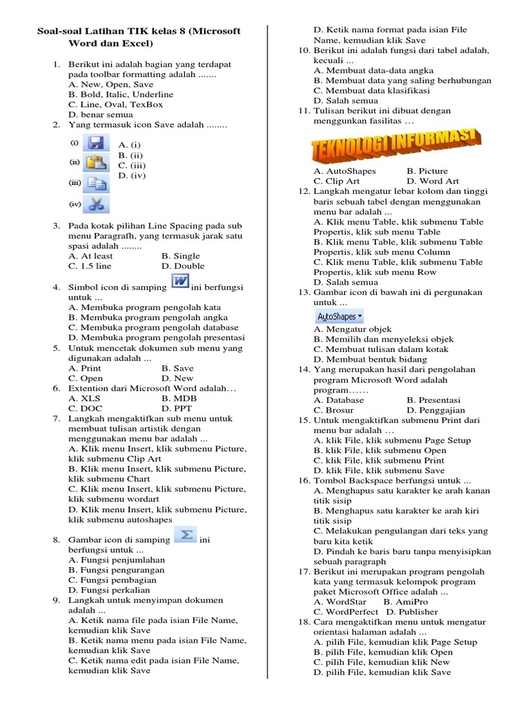 26092008 Soal Soal Latihan TIK Kelas 8 Microsoft Word Dan Excelpdf