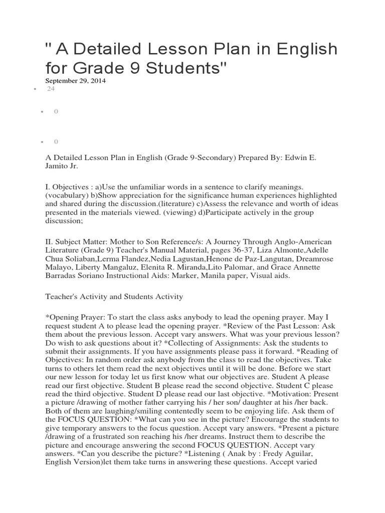 A Detailed Lesson Plan In English For Grade 9 Students Question