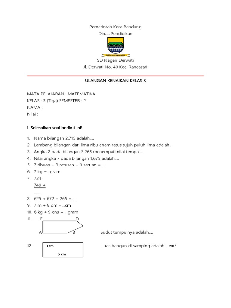Soal Ukk Matematika Kelas 3 Docx