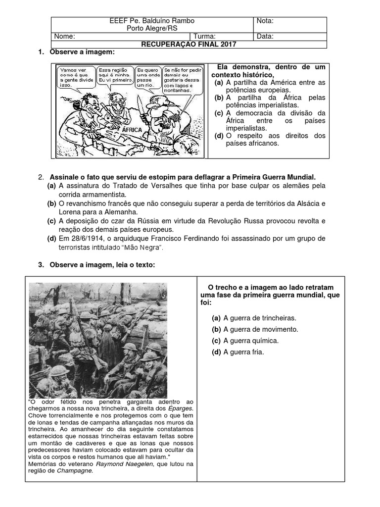 Recuperação final de História sobre a Primeira Guerra Mundial, o colonialismo europeu na África