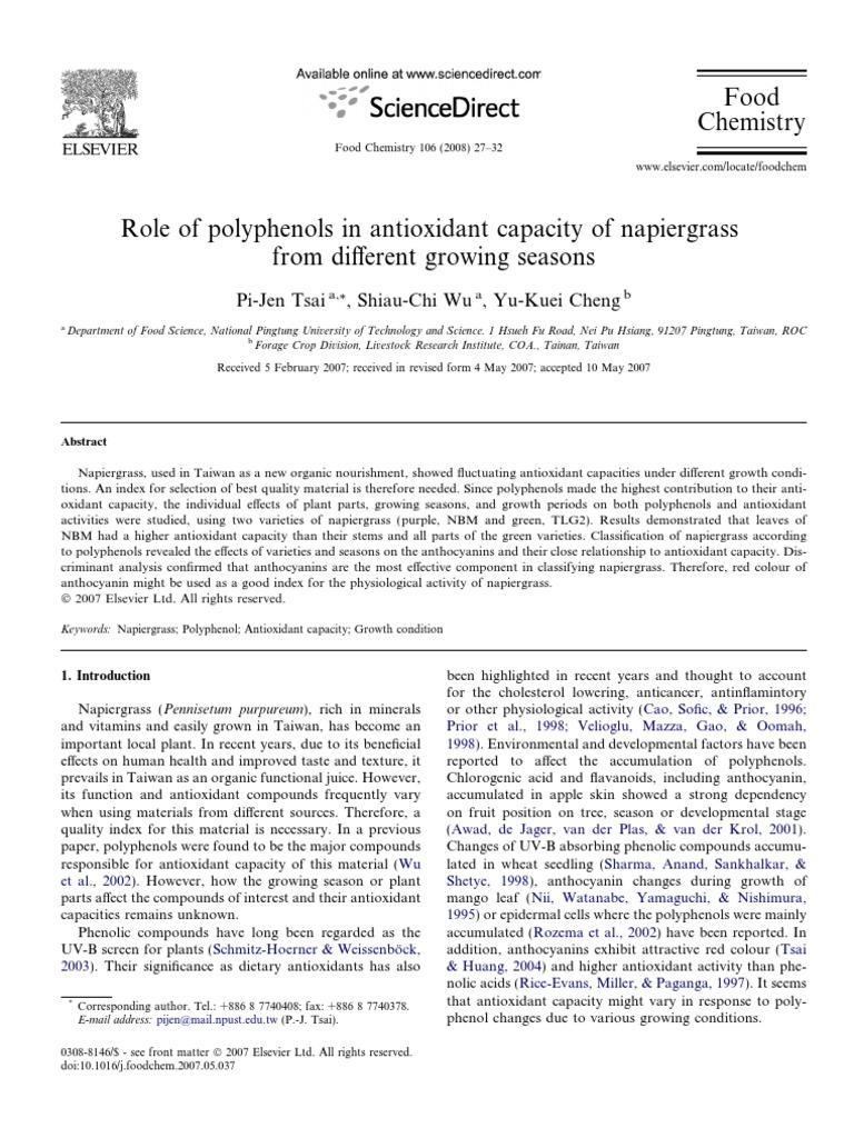 Polyphenols and Antioxidants in Napiergrass | PDF | Phenolic Content In ...