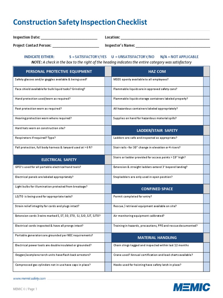 Construction Safety Inspection Checklist PDF | PDF | Personal ...