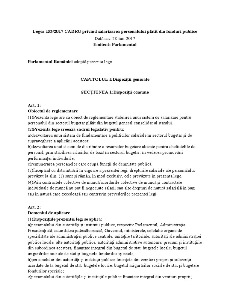 Legea 153 2017 Cadru Privind Salarizarea