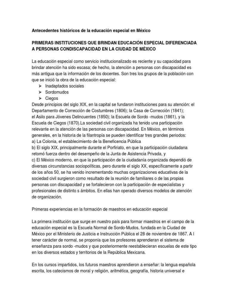 Antecedentes Históricos de La Educación Especial en México