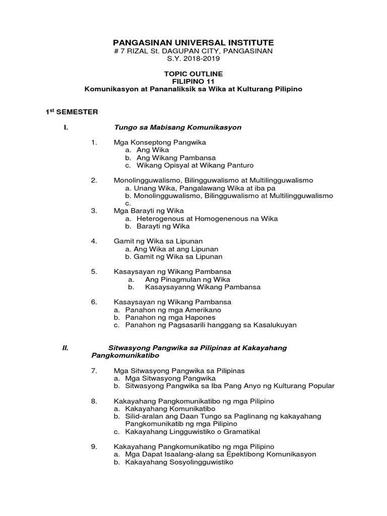 Topic Outline Filipino11 | PDF