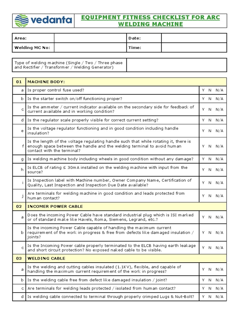 Electric Arc Welding And Cutting Checklist vlr.eng.br
