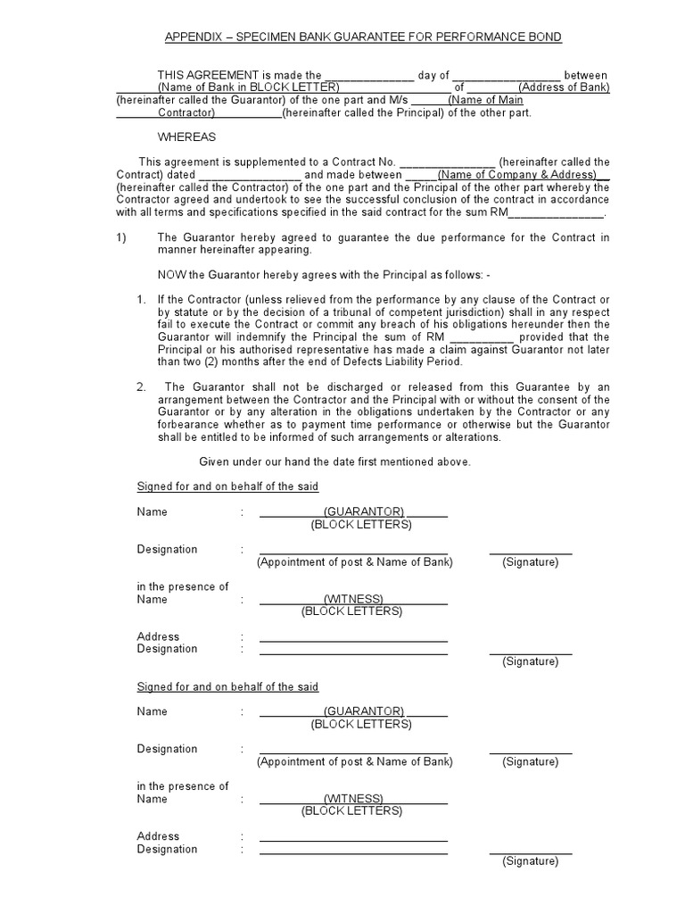 SCH Specimen Bank Guarantee Form For Performance Bond | PDF | Guarantee ...