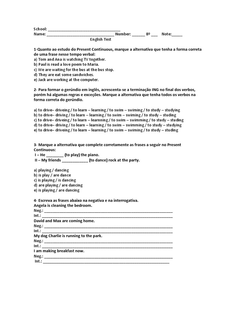 Presente Continuous 8 Ano | PDF | Leisure