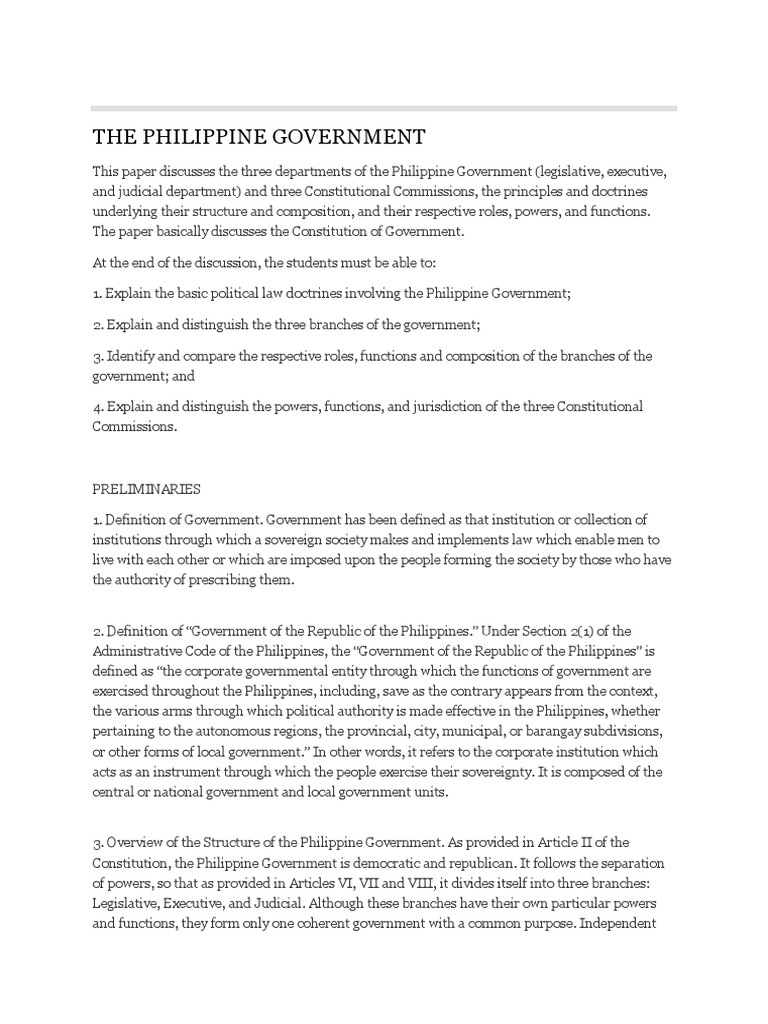Philippine Government Structure and Roles | PDF | Separation Of Powers ...
