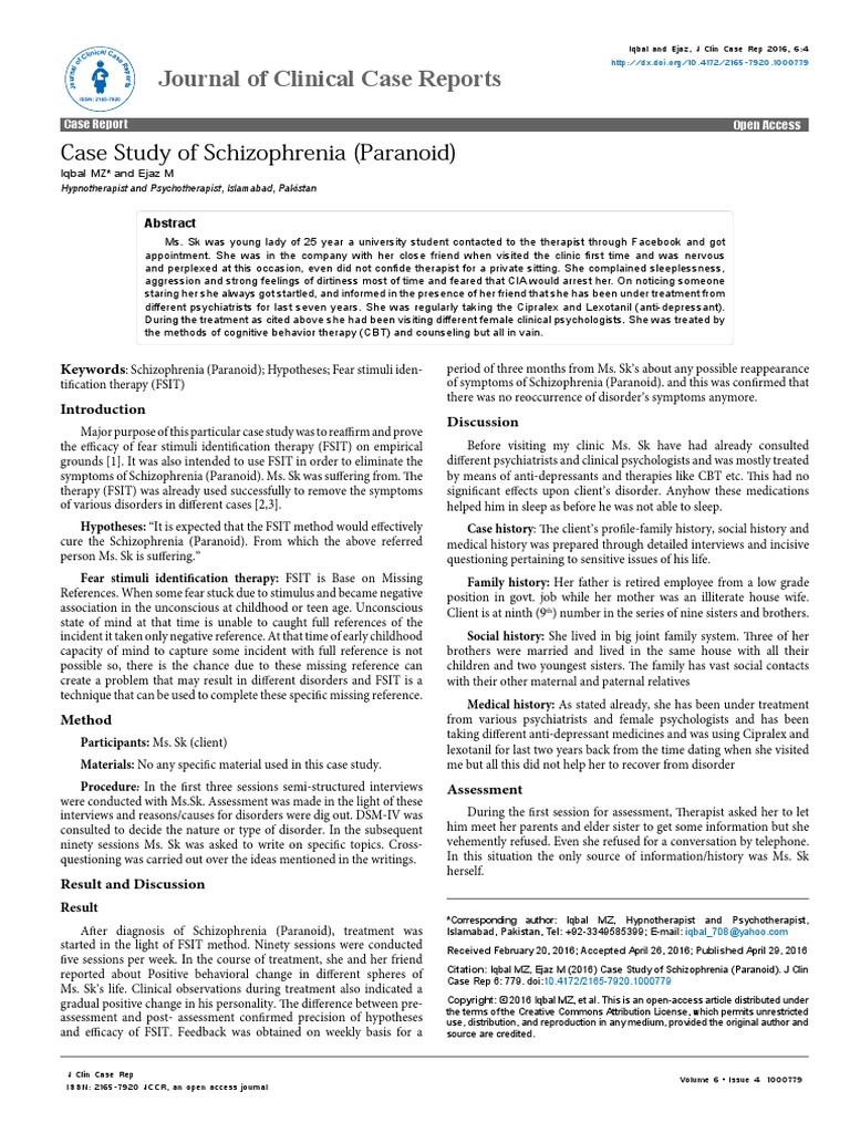 Case Study of Schizophrenia Paranoid 2165 7920 1000779 | PDF ...