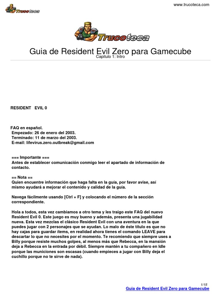 Transición Cita profesor Guia Trucoteca Resident Evil Zero Gamecube PDF | PDF | Arsenal | Ocio