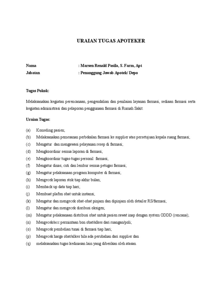Uraian Tugas Apoteker Jabatan Penanggung Jawab Apotek Depo - Memilih Soal